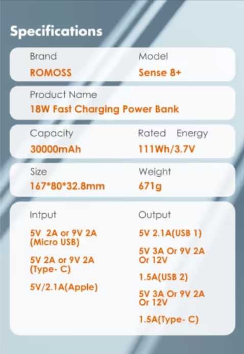 Power bank Romoss Sense 8+ (новый)