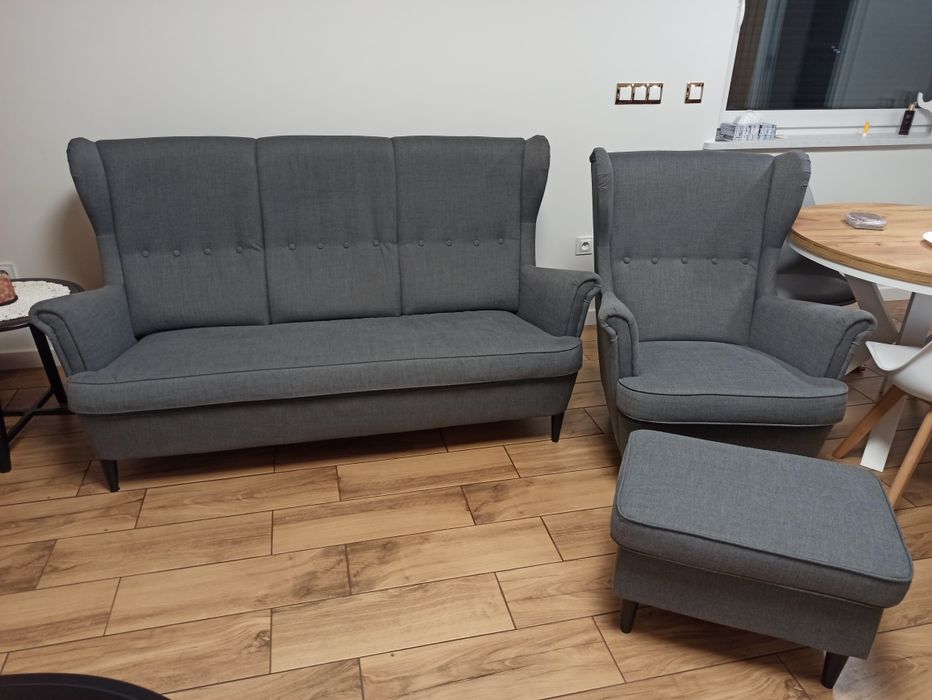 Strandmon Sofa + Fotel + podnóżek Mało Używane - IKEA szary
