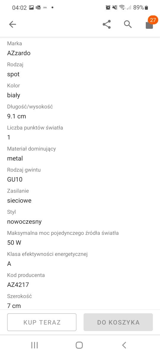 AZZARDO lampa natynkowa biała