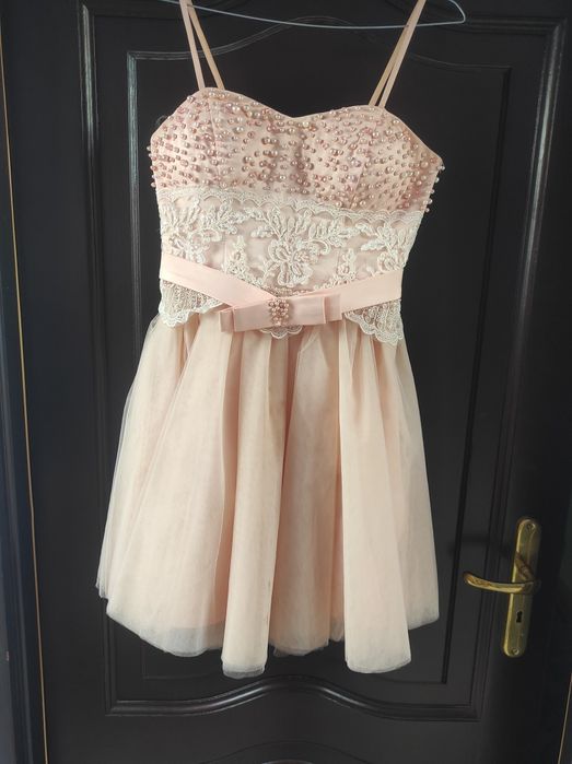 Sukienka na wesele Suknia pudrowy róż koronka cekiny 34/XS