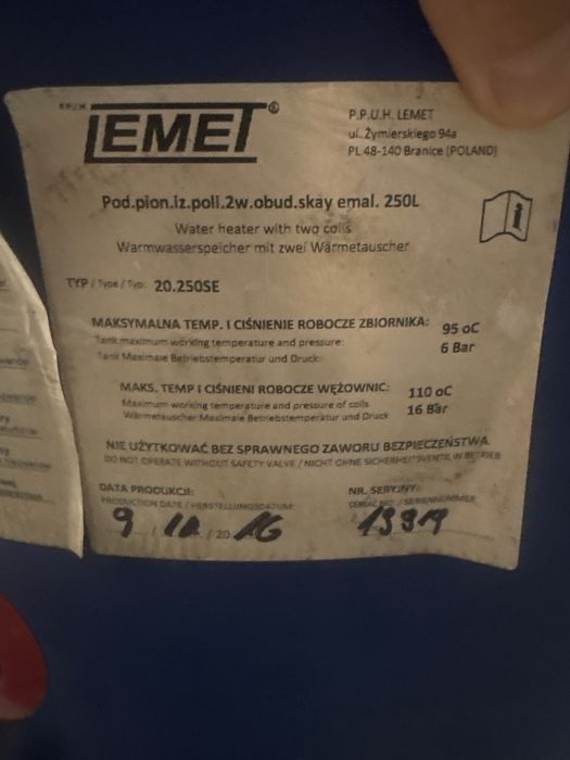 Zbiornik CWU 250 l Lemet pod solary