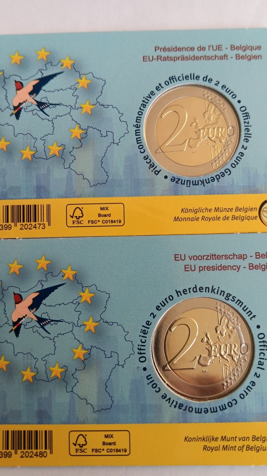 2 moedas referentes à Presidência da Bélgica , na UE.