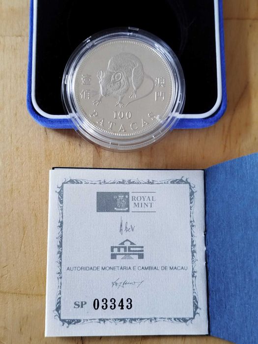 Macau - 100 Patacas 1998 Ano do Rato Prata PROOF estojo e certificado