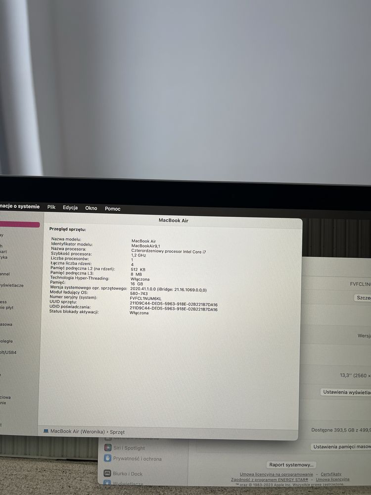 Mocny MacBook Air 2020 Retina 4 rdzenie i7 16GB RAM SSD 512GB 13,3