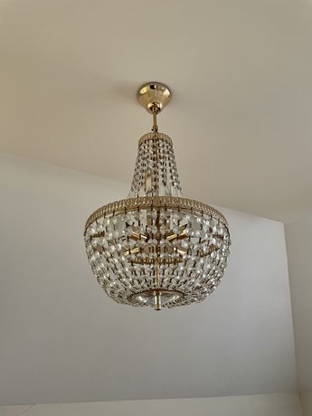Lampa sufitowa złota żyrandol złoty zwis kryształki glamour