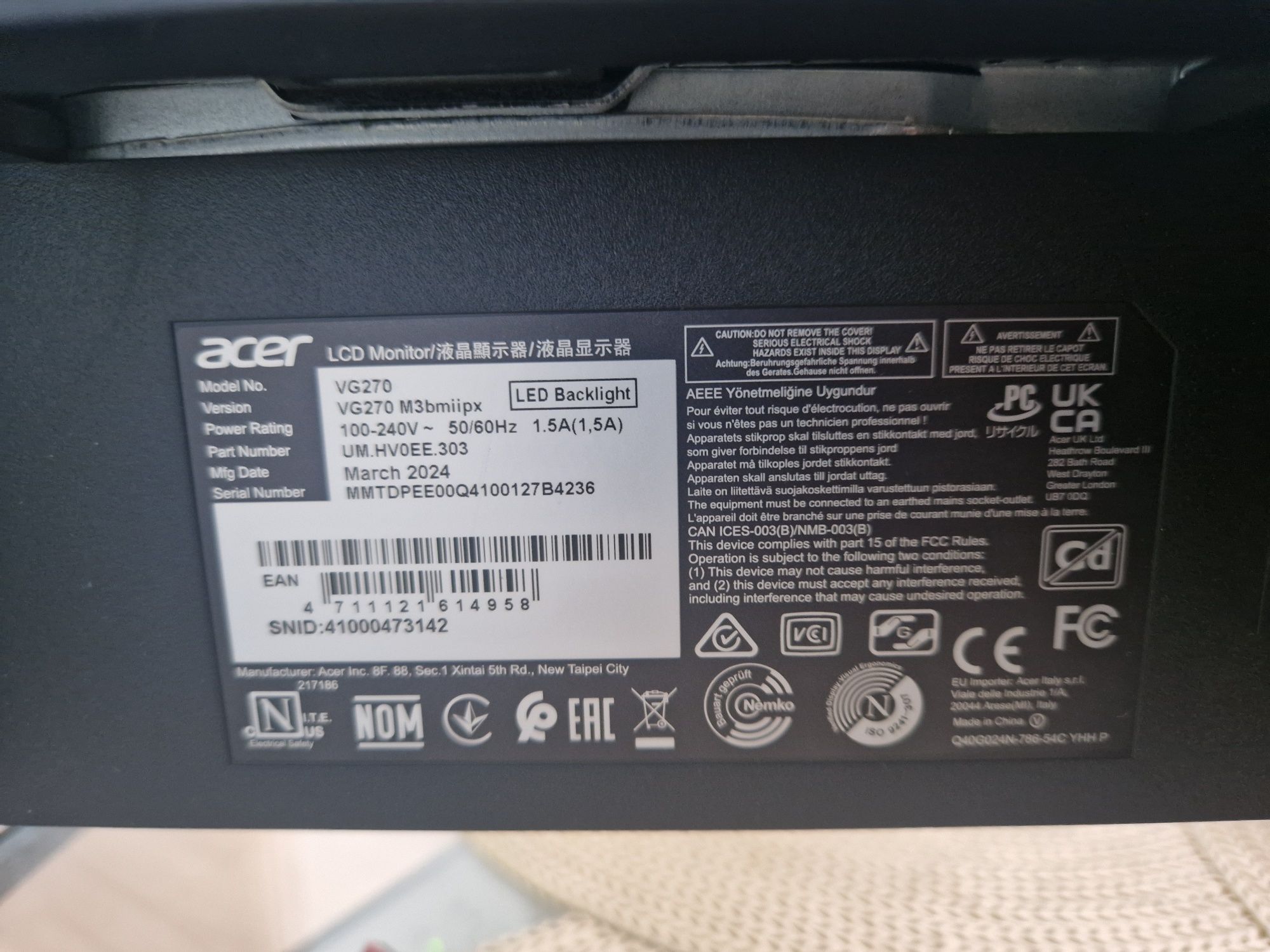 Monitor gamingowy ACER Monitor 27" Nitro VG270M3bmi IPS 1920x1080 1ms