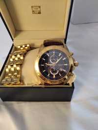 Relógio homem Chronograph Suíço banhado ouro e bracelete pele genuina