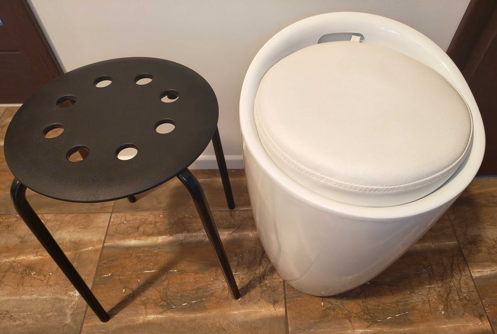 Nowy Zestaw Biała Pufa-Kosz Wenko + Czarny Stołek-Taboret Marius