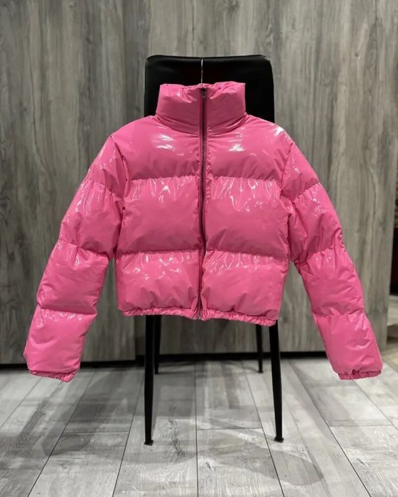 Różowa landrynkowa lakierowana damska kurtka puchówka S nowa