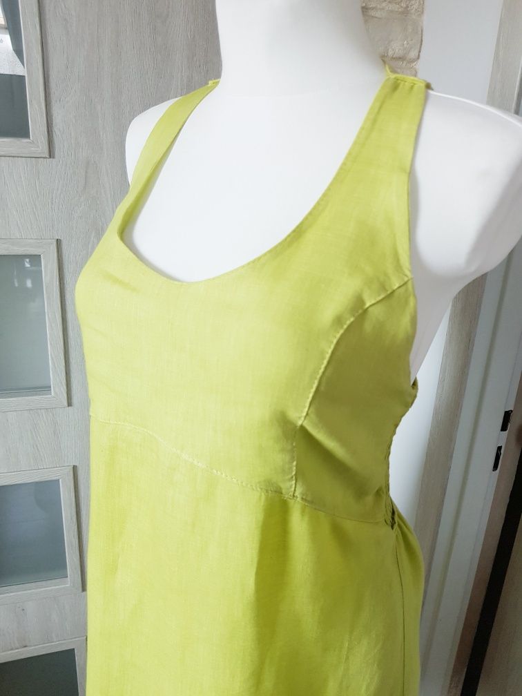 Letnia lniana limonkowa sukienka z koronką  S M