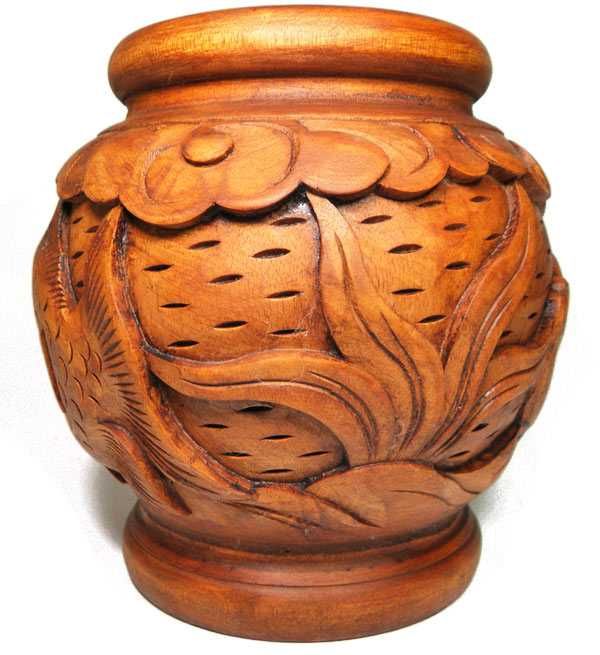 Misterny Rzeźbiony WAZON Ornamenty Ryby z Drewna Rękodzieło