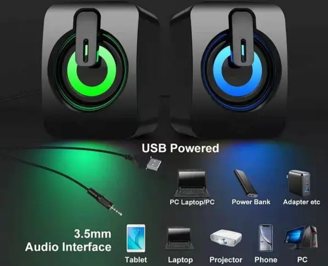 Акустическая система для ПК А2 USB 2.0 Black. Мини-колонки RGB для ПК