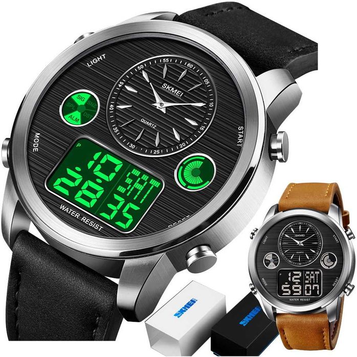 Biznesowy Zegarek Męski Na Skórzanym Pasku METAL Czas Światowy LED