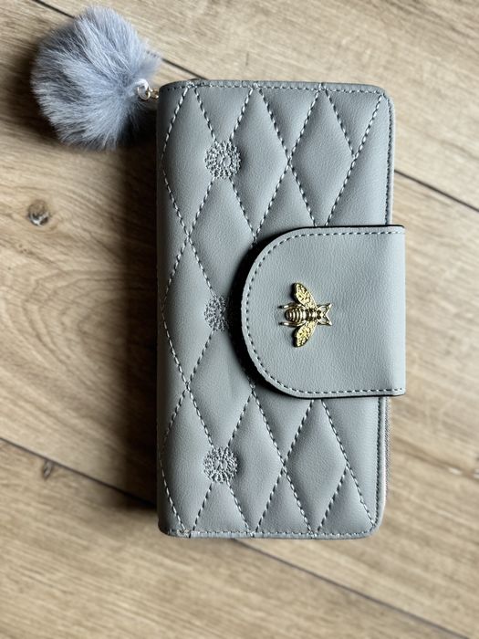 Portfel damski szary pudrowy róż ma telefon