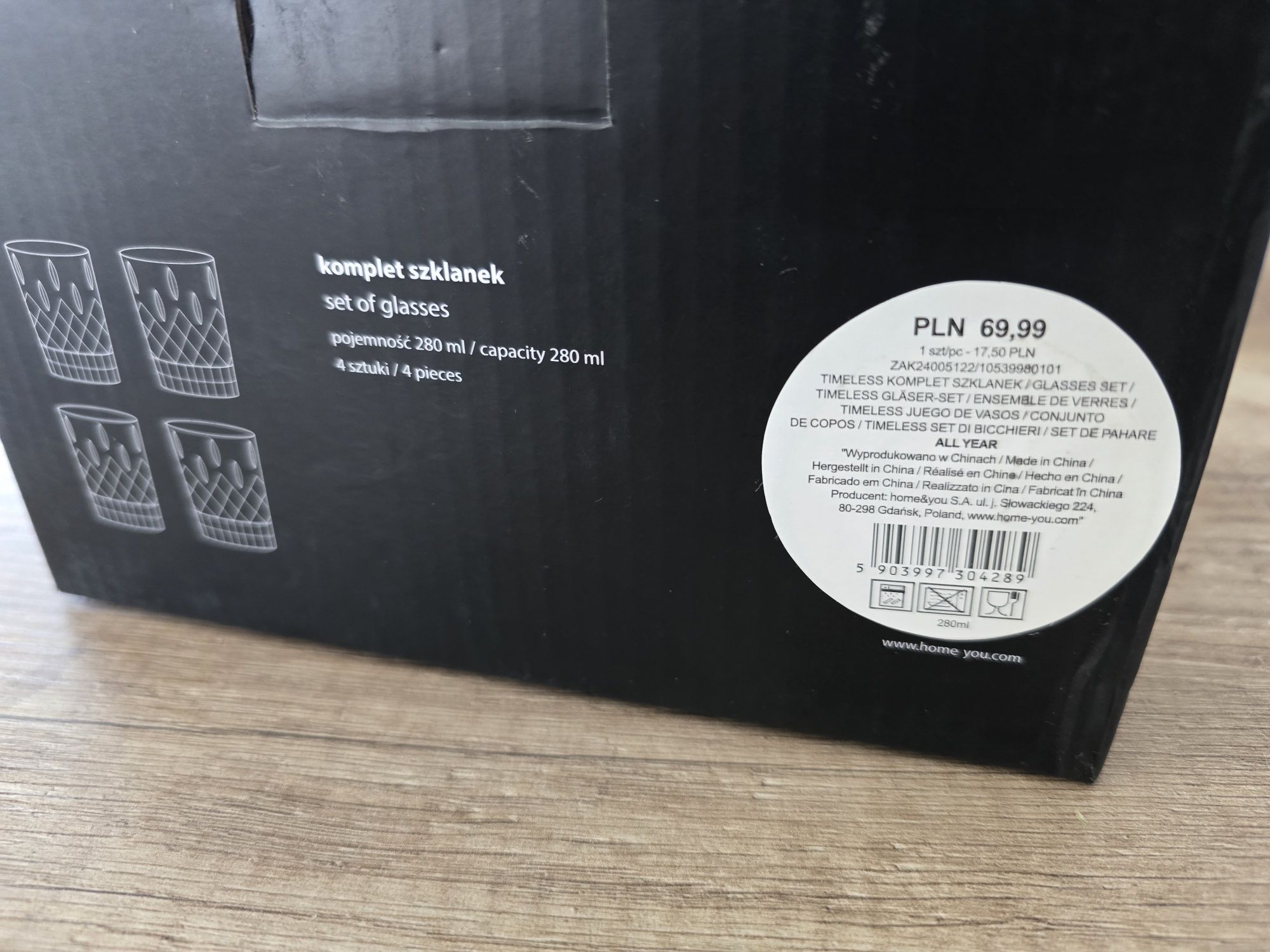 Komplet 4 szklanek Home&you nowe w pudełku, do whisky, wody, drinków