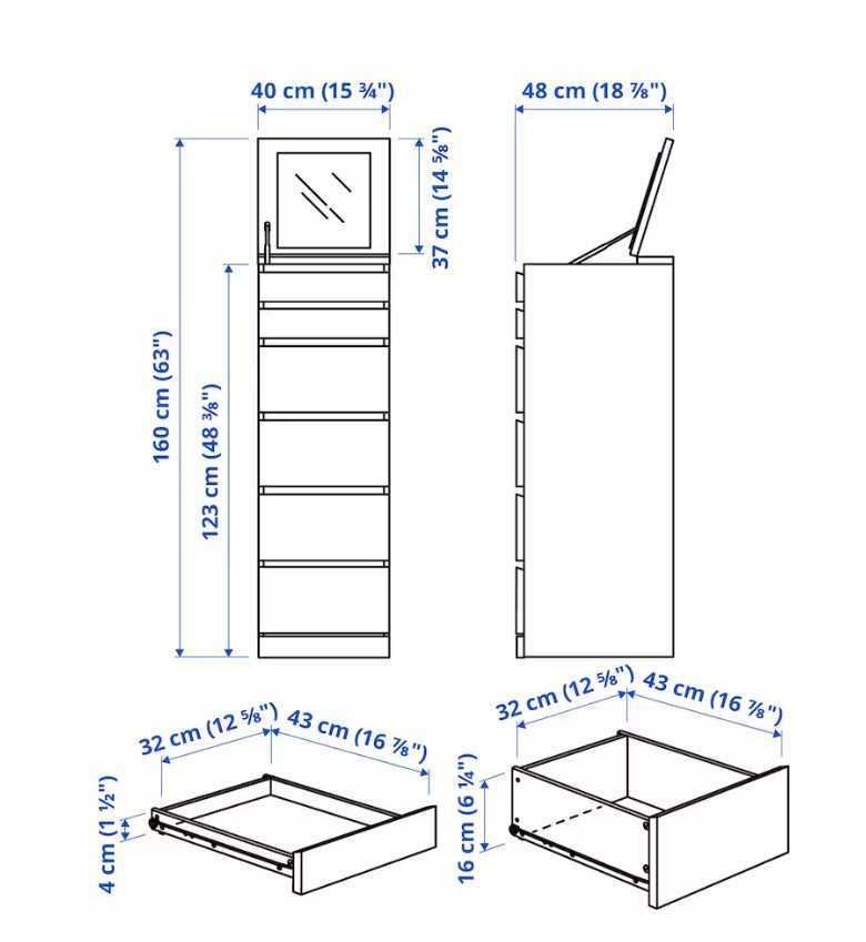 Ikea MALM Komoda, 6 szuflad, biały/lustro, 40x123 cm