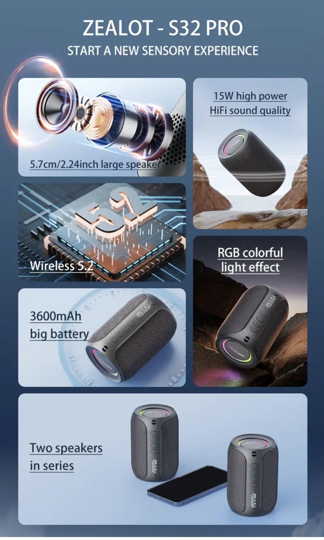 Нова! Портативна Bluetooth колонка ZEALOT S32 Pro синя, чорна, хакі