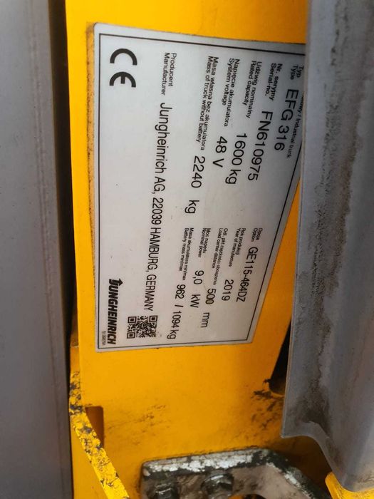 Wózek widłowy używany elektryczny Jungheinrich EFG316 TRIPLEX 2019
