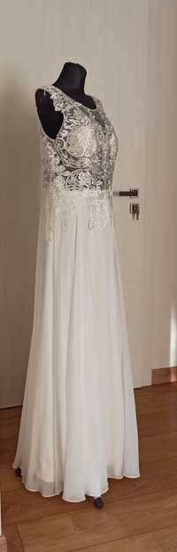 Suknia ślubna wysoka na wysoką ecru długa 180 - 185 cm wzrostu, 42 xl