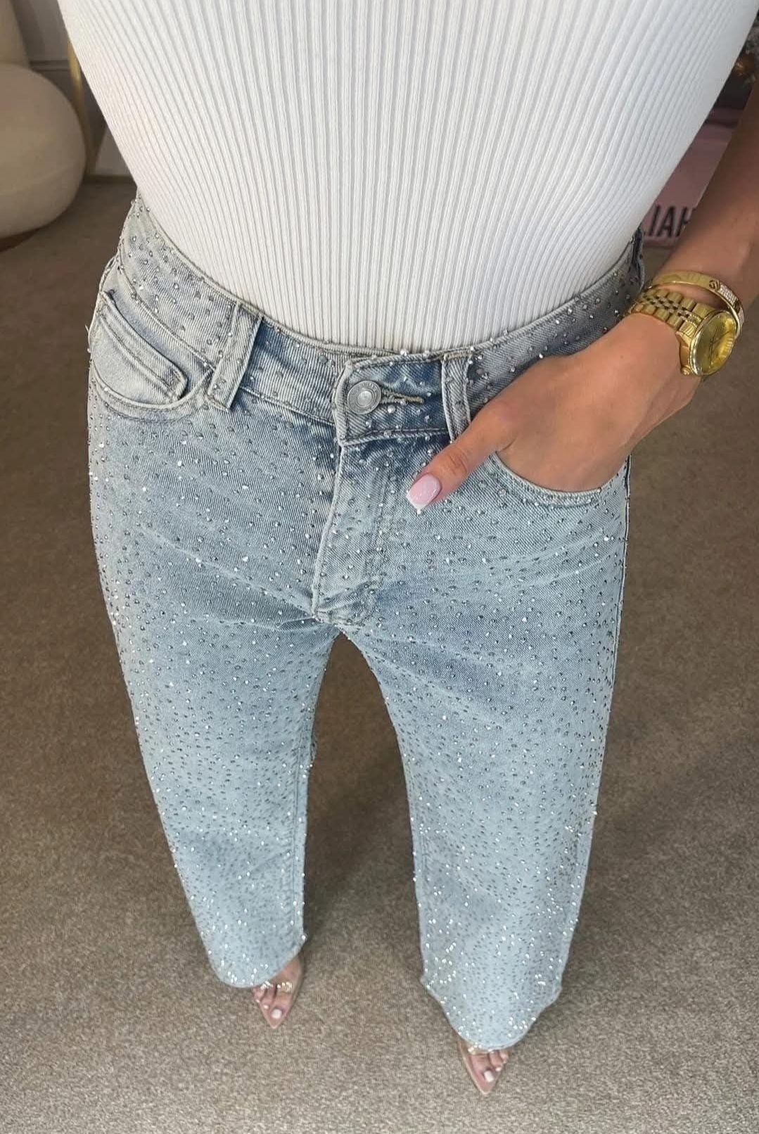 Spodnie wide leg dżinsy cyrkonie kryształki Varlesca chicaca 34 XS