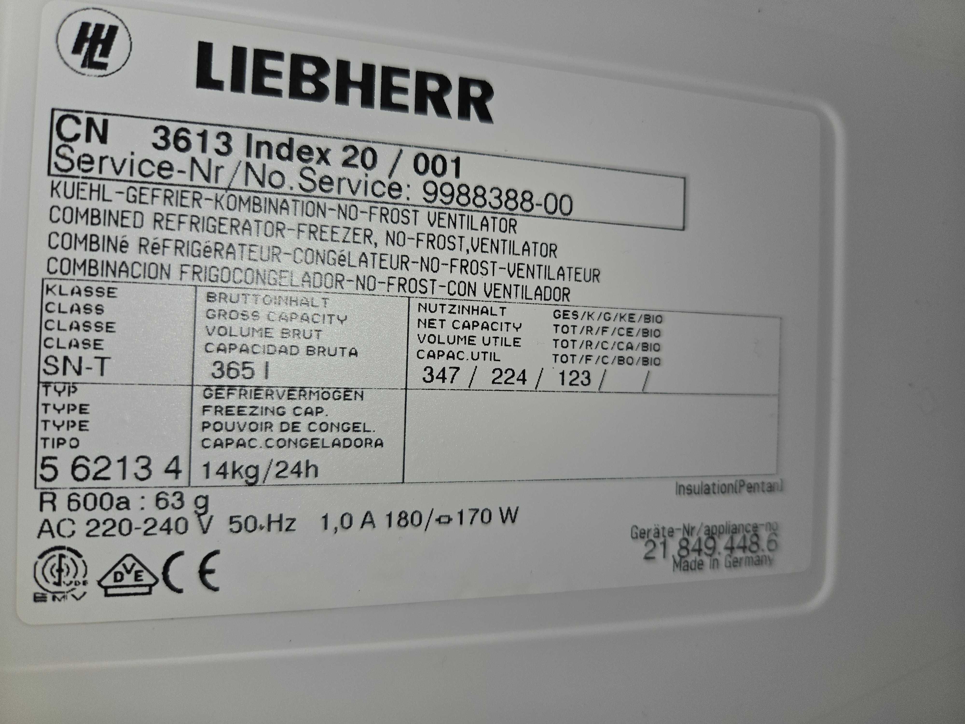 Lodówko-zamrażarka Liebherr 189 /60 cm.365 l.LCD temp.Gwarancja.Biała.