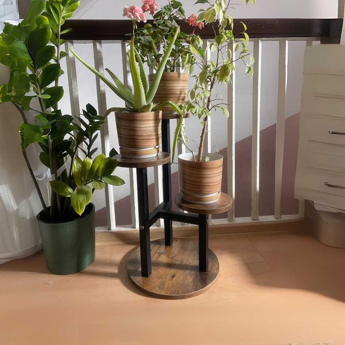 KWIETNIK METALOWY STOJĄCY LOFT 3-Poziomowy Drewniane Półki Czarny NOWY