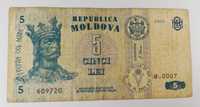 Stary Banknot kolekcjonerski 5 Cinci Lei Mołdawia 1995