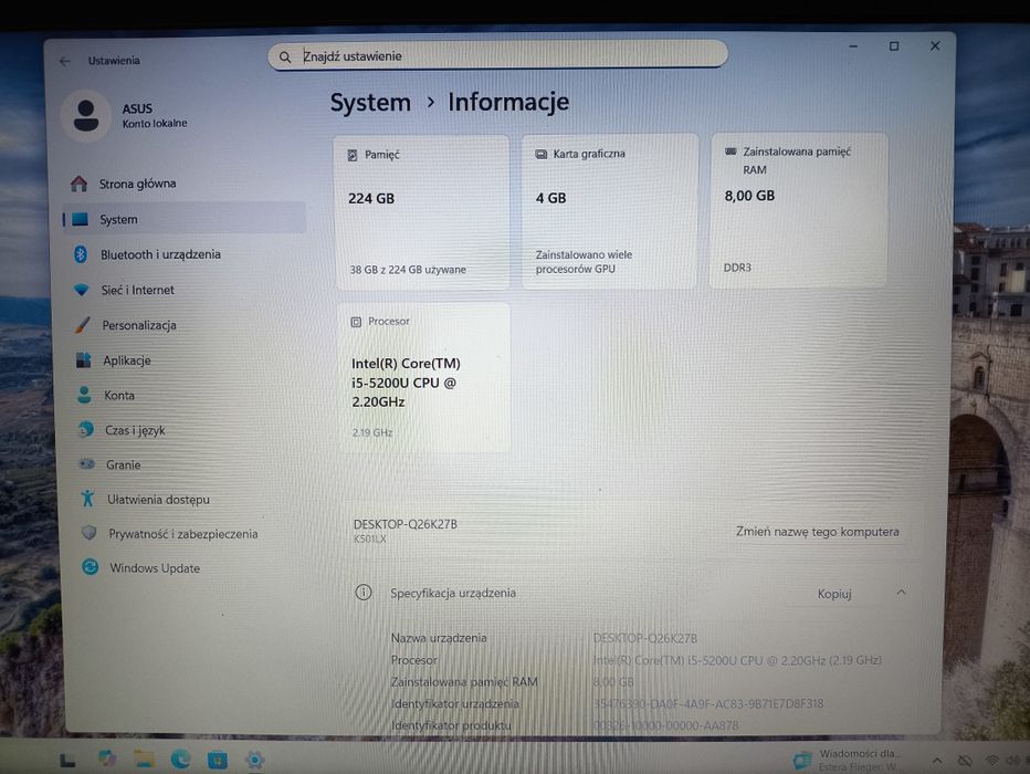 Laptop gamingowy ASUS A501lx proc. I5 GeForce GTX 950M 4 GB dysk SSD
