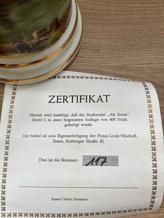 Kufel kolekcjonerski „Alt Essen” z certyfikatem numer 117/400 Germany