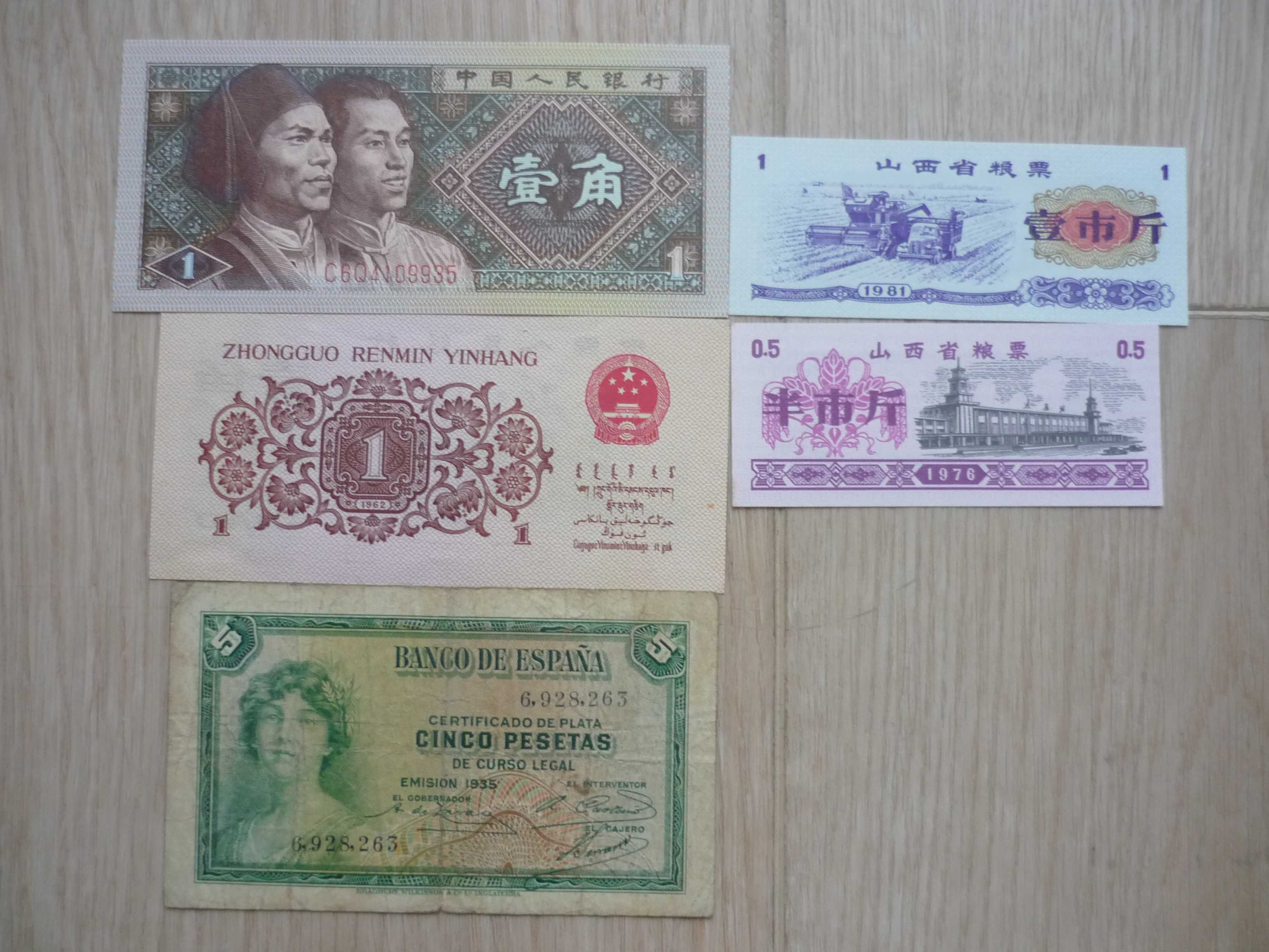 Zestaw 5 banknotów Hiszpanii i Chin