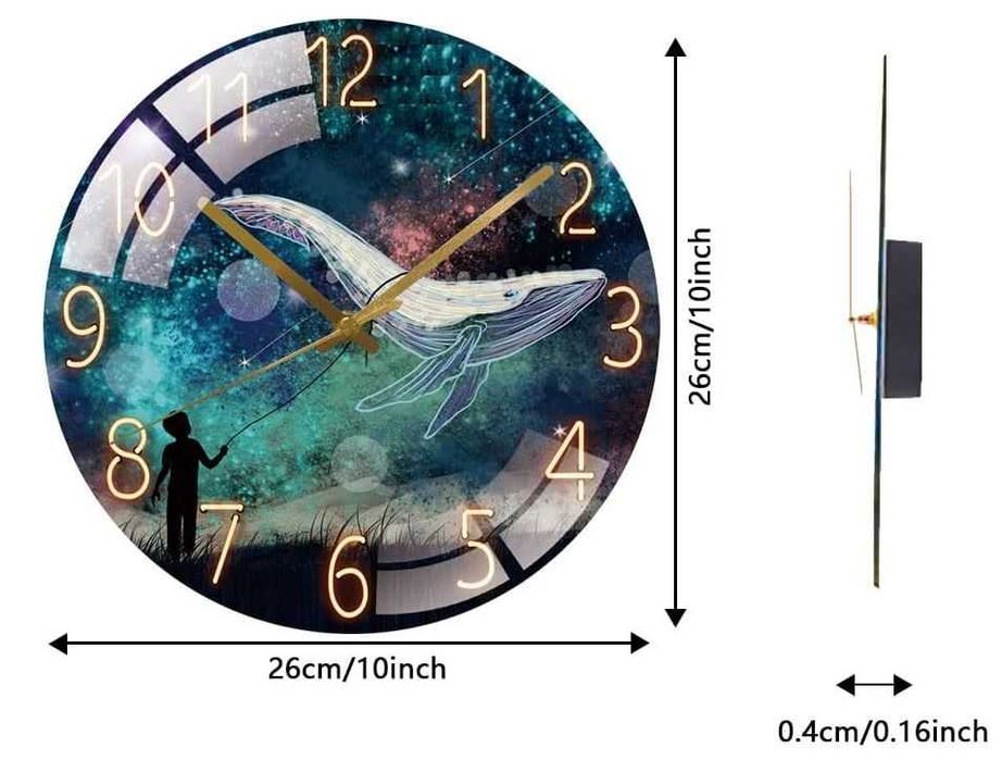 Cichy zegar ścienny, szklany, okrągły 26cm wzór wieloryb Cooltto