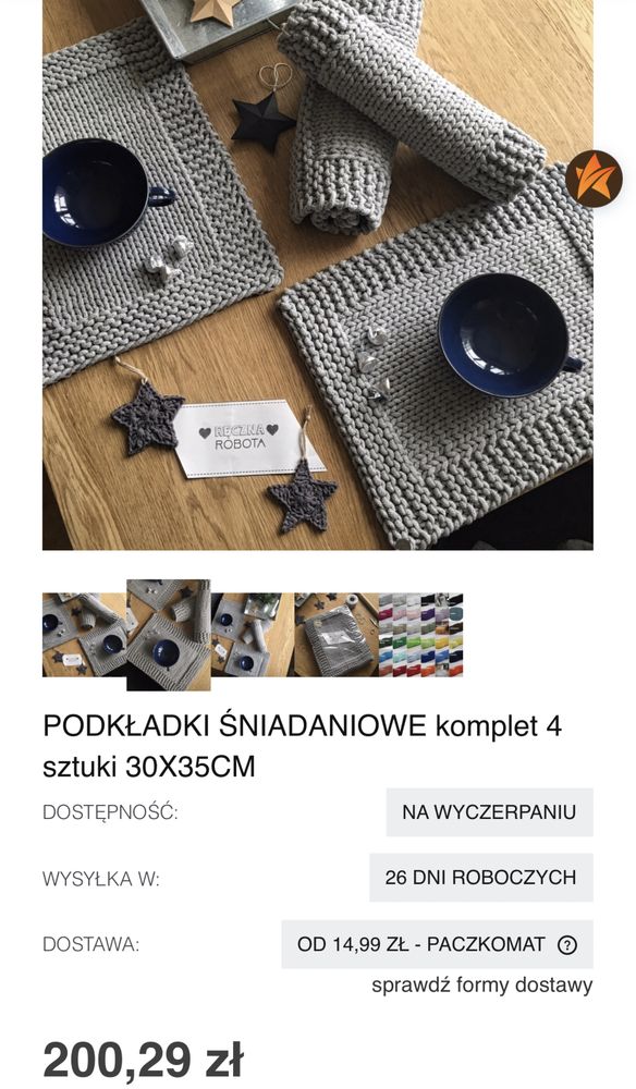 NOWE Podkładki na stół handmade Knitting factory 4 szt, jasny beż