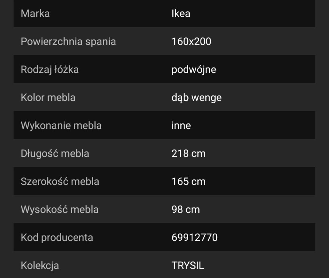 Łóżko Ikea Trysil 160x200 z materacem Ikea Hovag