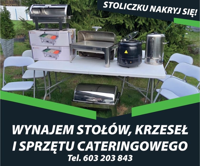 Wynajem Stołów krzeseł obrusy na imprezę chrzest urodziny podgrzewacze