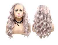 Peruka Lace front z włosów syntetycznych, długa, fale, pudrowy róż