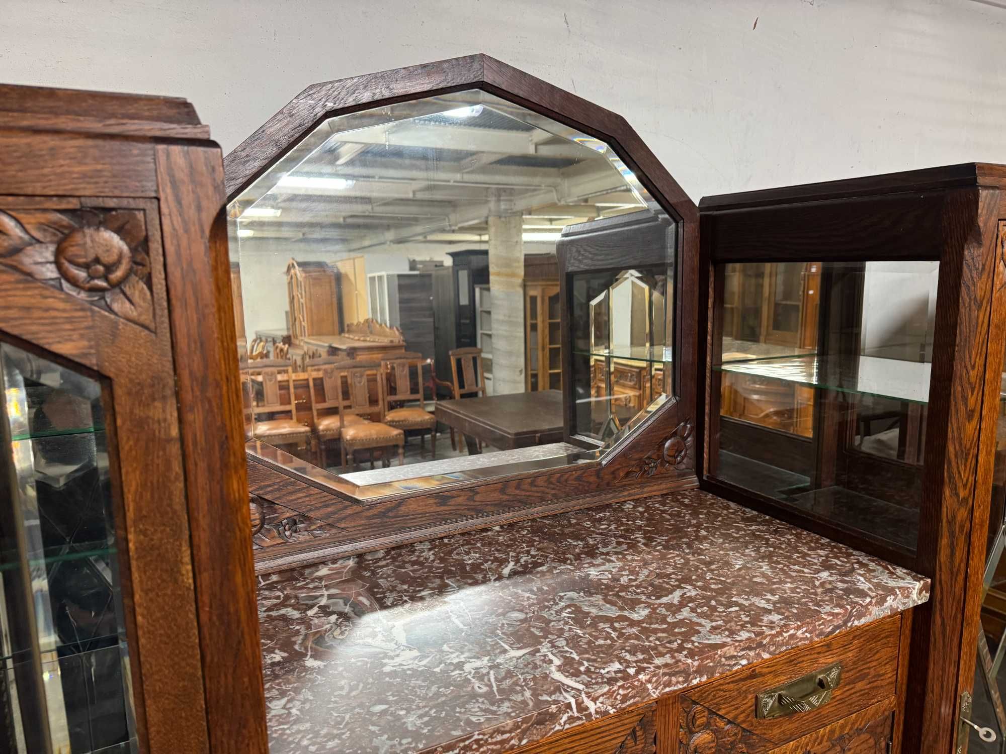 Kredens Art Deco witryna przeszklona kredens drewniany orzech marmur
