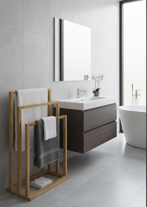 Stojak wieszak łazienkowy regał drewniany bambus półka na reczniki