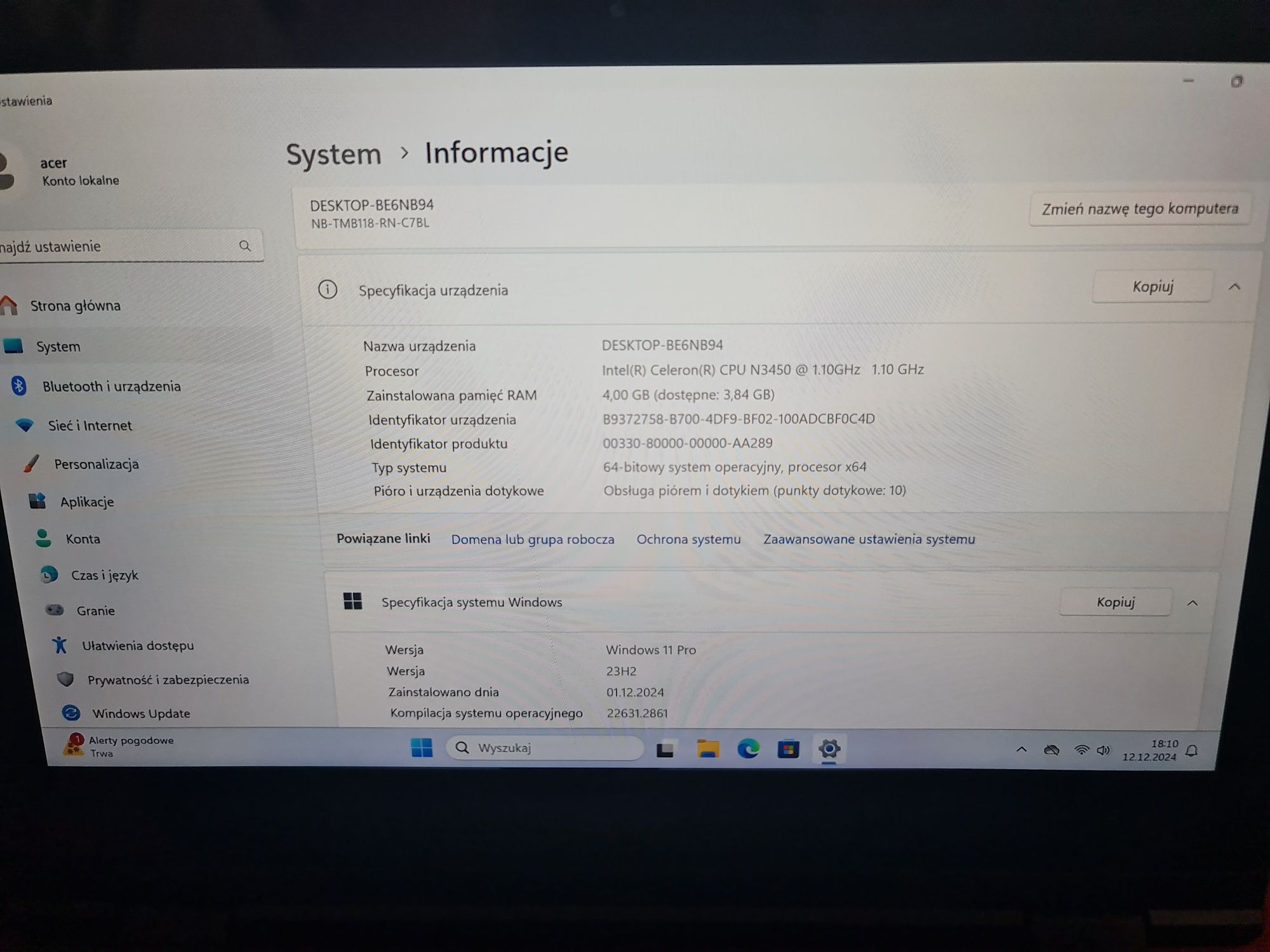 uszkodzony mały laptop 2w1 Acer TravelMate Spin B118-RN