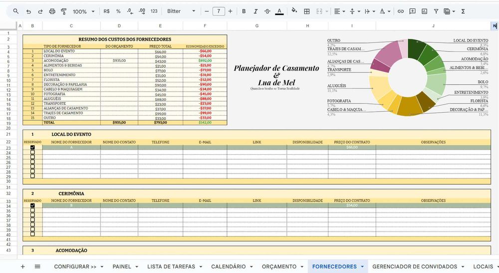 Planejador de Casamento e Lua de Mel - Pacote de Planilhas - 18 Abas !