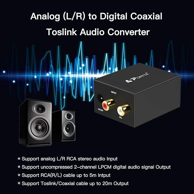 Konwerter audio PORTTA RCA do SPDIF, Toslink, Coaxial, 2-kanałowy