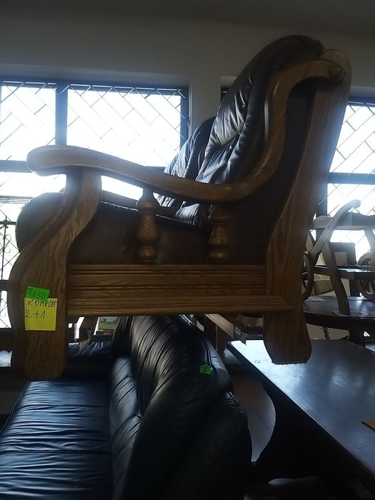 Wypoczynek 2+1 skóra naturalna ciemny brąz w drewnie kanapa 2os. fotel