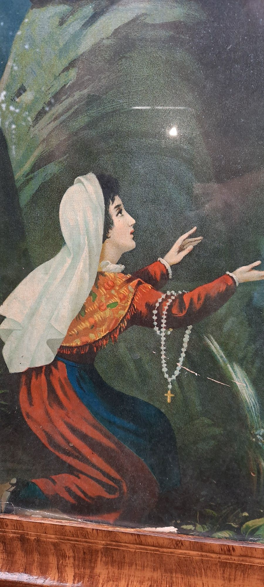 Antyk, początek XX wieku, przepiękny oleodruk  objawienie MB w Lourdes