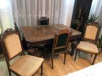 Duży pięknie zdobiony komplet eklektyczny Stół i sześć krzeseł