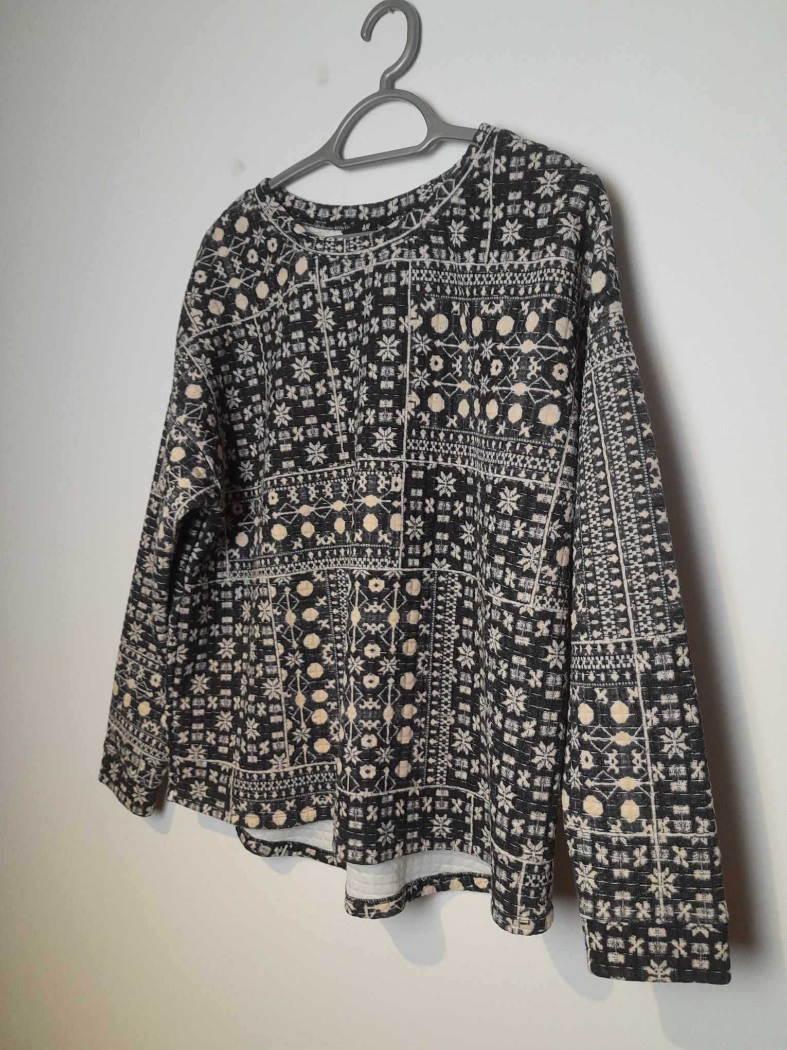 Granatowo kremowa bluzka damska z długim rękawem H&M L/XL