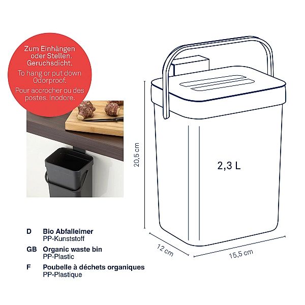 Kosz na odpady organiczne, tworzywo sztuczne, 2,3 l, 15,5 x 12 x 20,5