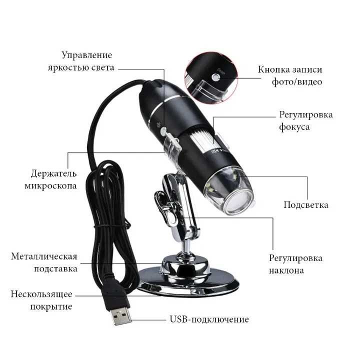 USB-микроскоп - 1600X, электронный, цифровой с подставкой