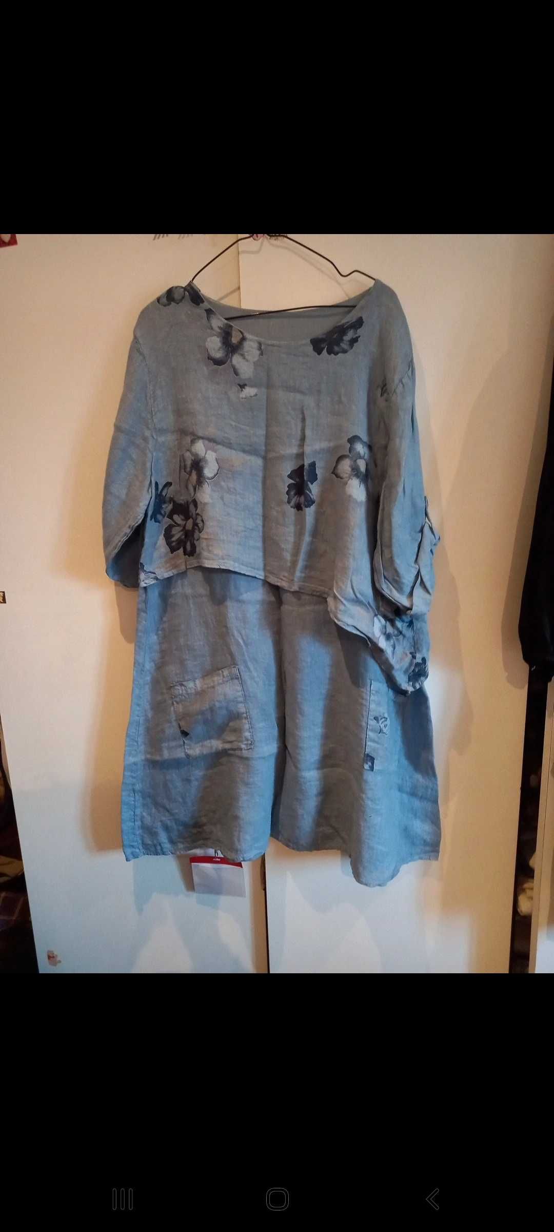 Vestido de linho azul, cadual - M - Made in Italy
