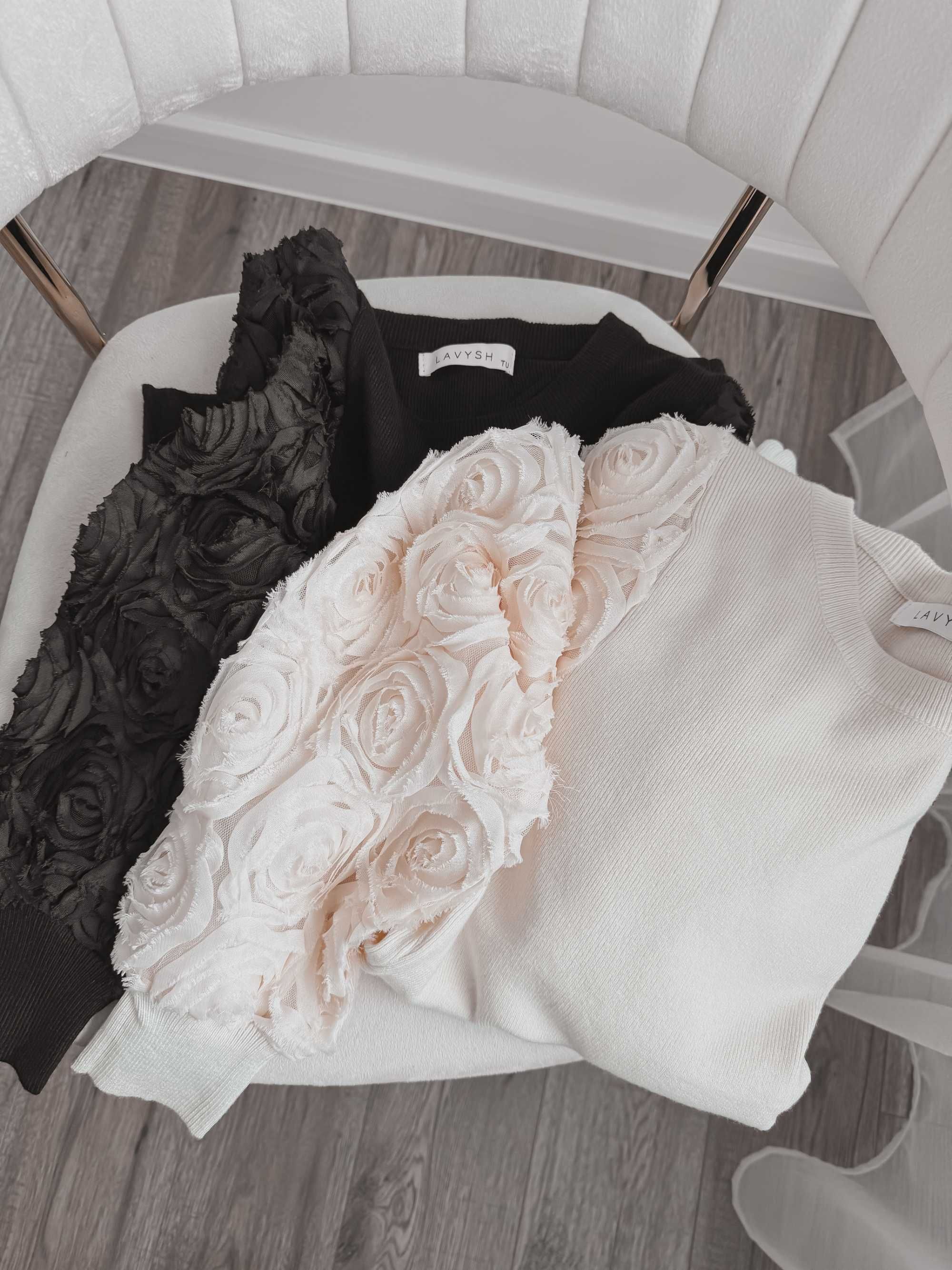 Sweter kaszmir wiskoza wełna róże 3d kwiaty tiul rękawy kaszmirowy beż