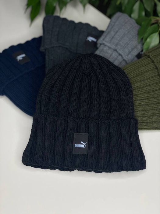 Мужская вязаная шапка PUMA с флисом Утепленная черная 52-62 с отворото