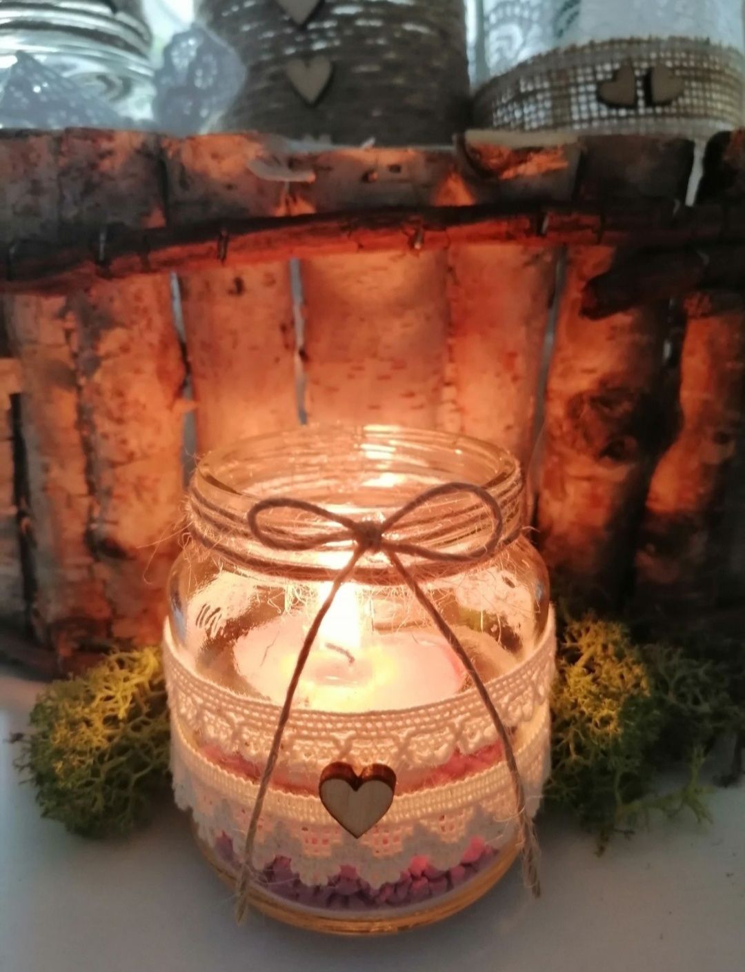 Świecznik na podgrzewacze tealight dekoracja rustykalna koronka ślub